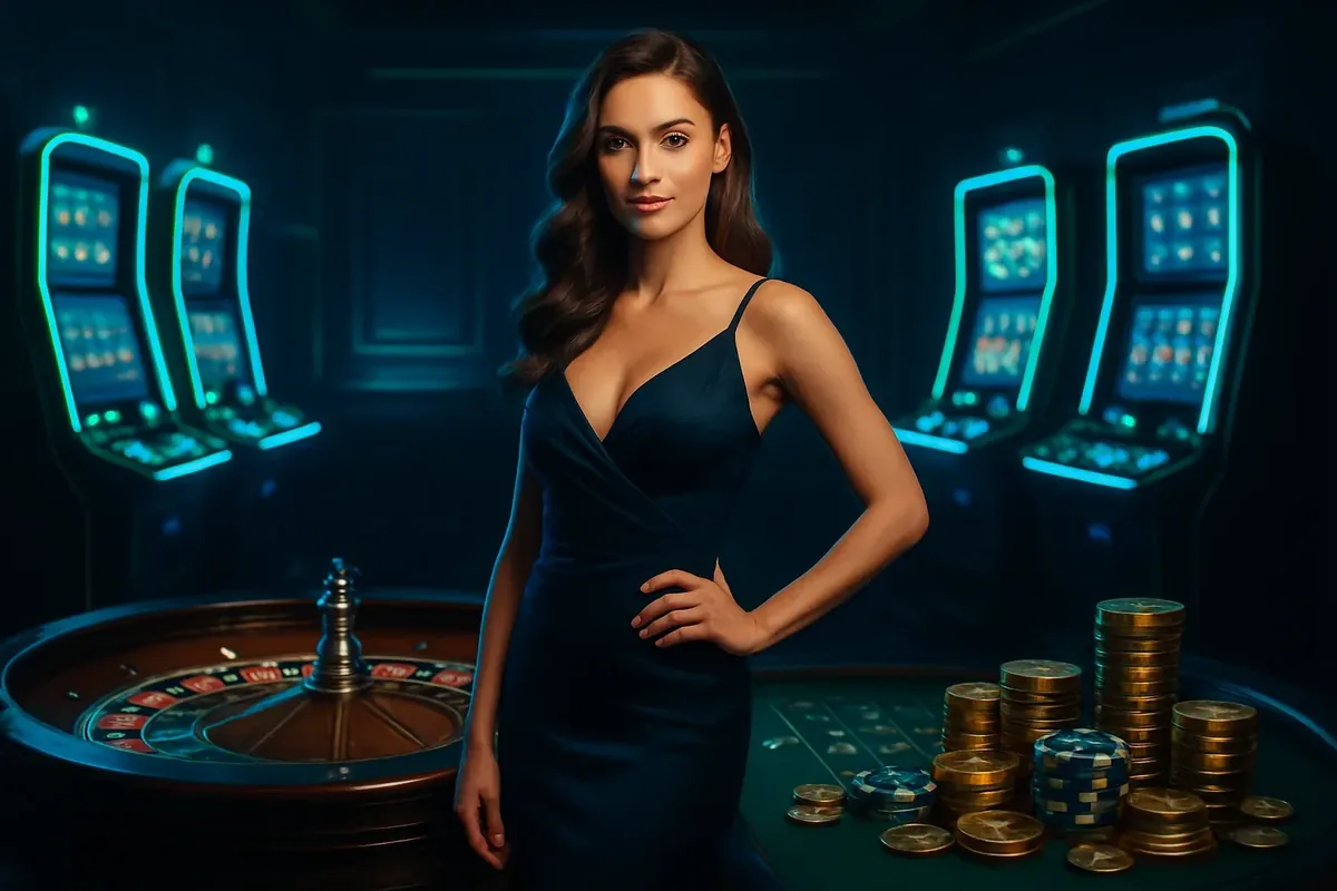 Elegant Casino Homepage Banner Confident woman in evening dress near roulette and slot machines with neon green and gold accents in a luxury Bangladeshi casino
