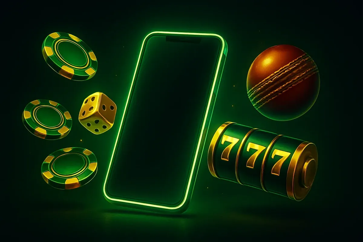 Glowing Casino Smartphone Glowing smartphone with floating casino chips, slot reels, dice, and cricket ball on dark luxurious background
